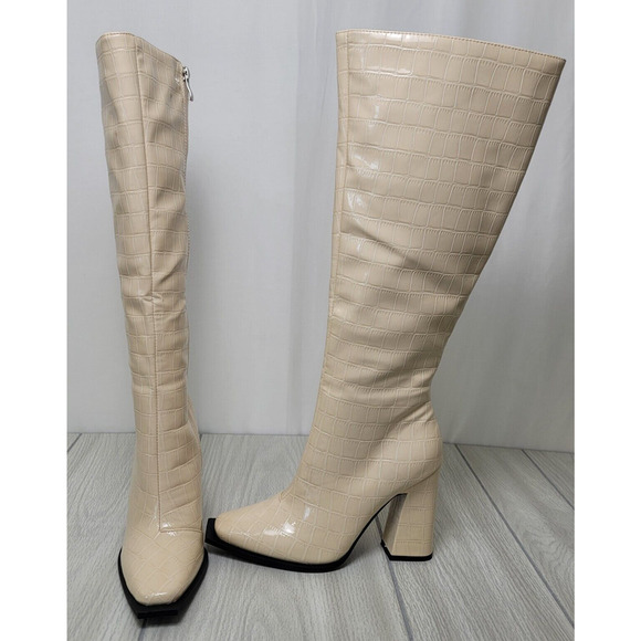 Princess Polly Shoes - Princess Polly Heeled Boots Womens Size 7 Cream Knee High Croc Print Square Toe